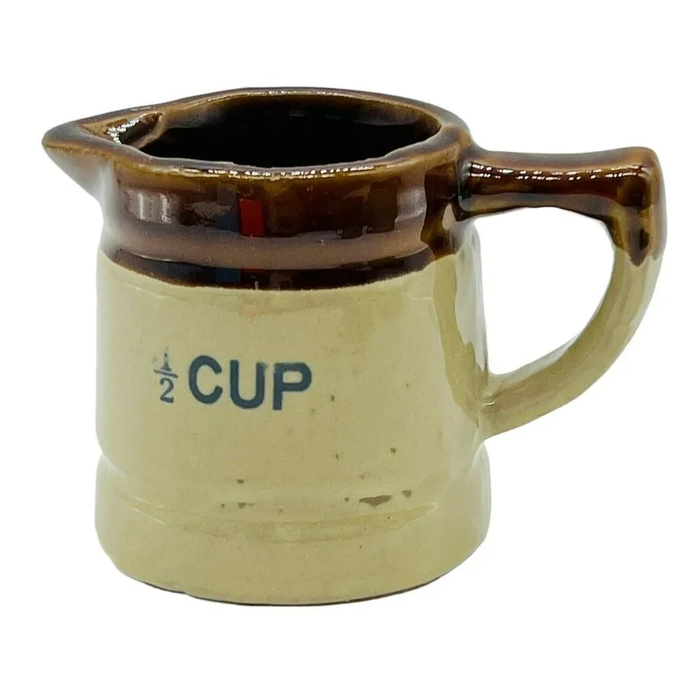 Vintage Stoneware Crock Pitcher Measuring‎ Cup Set of 3 Brown Drip Redware